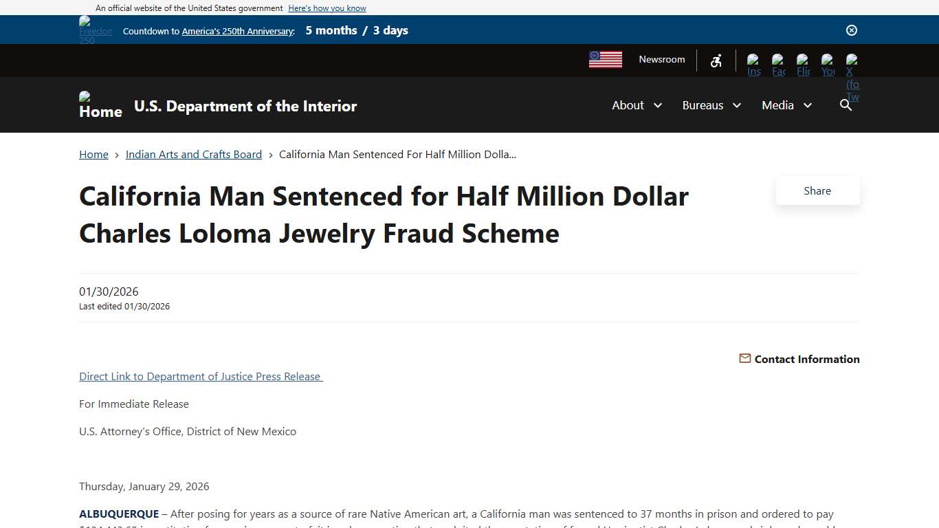 California Man Sentenced for Half Million Dollar Charles Loloma Jewelry Fraud Scheme U.S. Department of the Interior